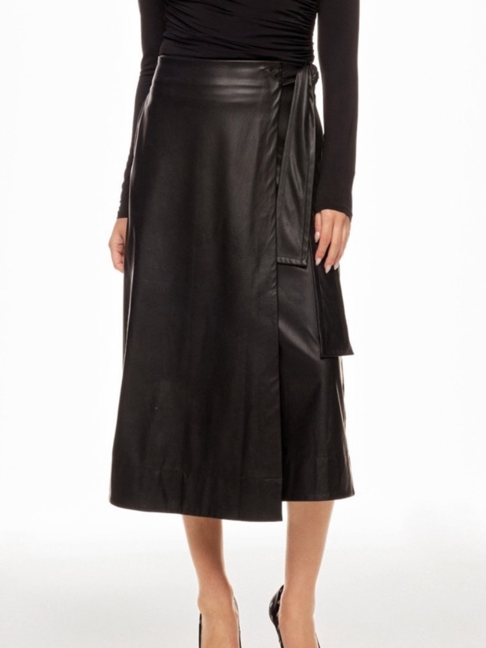 Toccin x RTR Black Faux Leather Wrap Midi Skirt